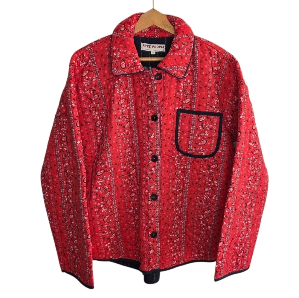 NWT Free People Alexie Quilted Boxy Cherry Red Bandana Jacket Size Medium